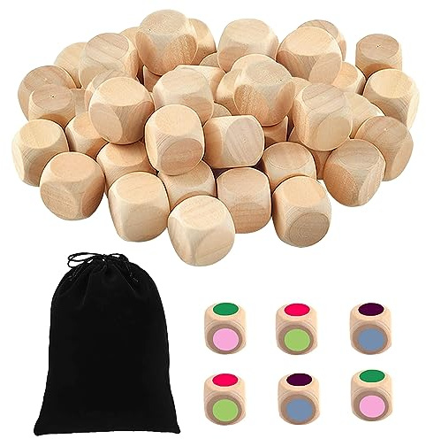 MsTeco 50 Pièces Vierges, Bricolage en Bois Non Peints, Dés Ordinaire avec Coins Ronds Blocs, Dés Vierges en Bois Cubes, pour Loisirs Créatifs Puzzles et Numéros(20mm), KBSZ-SHE-51