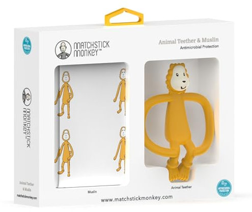 Matchstick Monkey Geschenkset Tier-Beißring & Musselin-Tuch Ludo Löwe - Silikon & Bio Baumwolle - Zahnungshilfe & Spucktuch - ideal zum Abwischen Reinigen oder Abdecken von Babys
