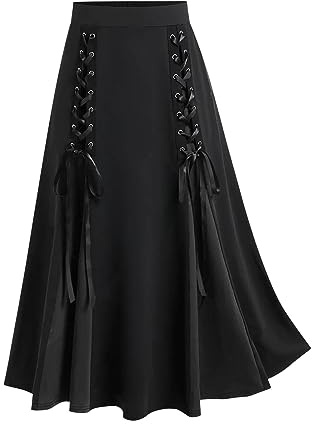 Womens Vintage Punk Gothic Skirt UK Clearance Medieval Retro Bandage Patchwork High Waist Midi Skirts Pleated Steampunk Renaissance Goth Long Skirt Victorian Court Elastic A-Line Dress Casual Skirt