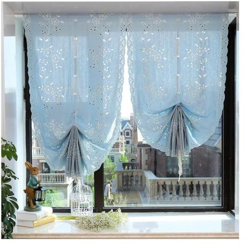 Beigefarbener Hohler mit Blumen Bestickter Volant im Shabby-Chic-Stil, Jacquard-Ballonvorhänge für Küchenfenster, Verstellbarer Raffrollo mit Stangentasche, 2er Set