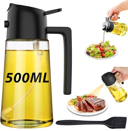 Sungoup 2 en 1 Pulverizador Aceite 500ml, Aceitera Spray de Cristal, Vaporizador Aceite para Freidora de Aire, Cocina, Ensalada y Oliva