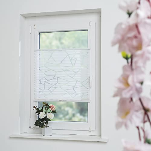 Klemmfix-Plissee mit ausgebranntem Grafik-Motiv, halbtransparent, ohne Bohren oder Schrauben, inkl. Klemmträger, Breite: 95 cm/Länge: 130 cm, Farbe: weiß