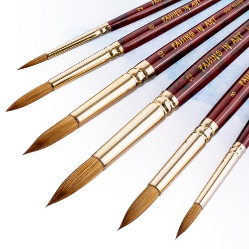 COOZEE 6 Stück Runde Pinsel Set, Aquarell Pinsel mit Zobelhaar, Unterschiedliche Spitzengröße, Holzgriff, Idealer Künstlerpinsel für Aquarellmalerei