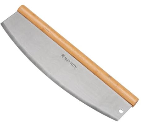 MONOLITH XL Pizza-Schneider/Wiegemesser, Breite 35 cm, Premium Ausführung, für Pizza und Flammkuchen, gebürstetes Edelstahl und Bambusgriff, mit Logo-Prägung