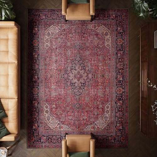 artyrugs Machine Washable Rug, 240x330cm, 75% Recycled Cotton, Short Pile, Non-Slip Backing, Non-Shedding, Suitable for Bedroom, Kitchen, Hallway, Office, Large, Aesthetic Crimson Red