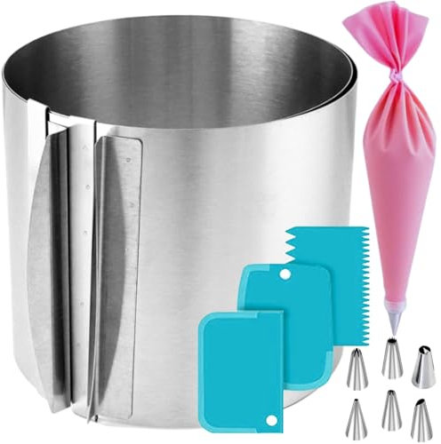 HANFCO® 15cm Adjustable Cake Ring 16-30cm, 11pcs Cake Decorating Kit, Cake Ring Adjustable Round Mould, Cooking Rings Cutter, Stainless Steel Baking Rings, Large Deep Cake Tin (Ring & Scrapper Set)