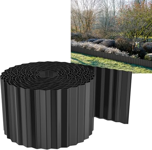 YUENFONG Flexible Rasenkante Beeteinfassung 10m Metall Verzinkt, Beetumrandung Beetabgrenzung Gartendekorativ, 15cm Höhe Palisade Mähkante, 1000cmx15cm, Schwarz