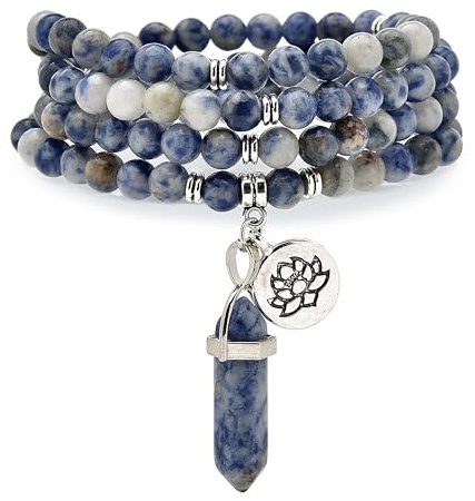 Armband-Halskette mit 108 natürlichen Mala-Gebetsperlen, Lotus-Anhänger und sechseckigem Prisma-Anhänger aus Reiki-Quarz