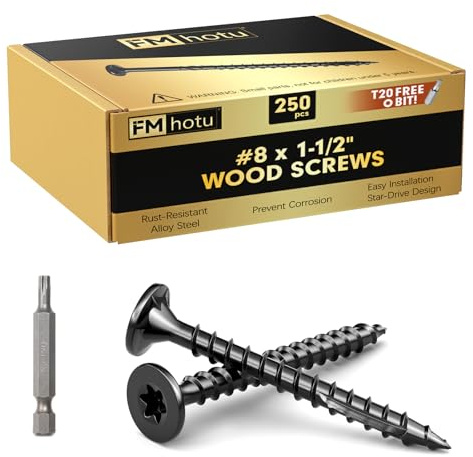 #8 x 1-1/2” Deck Screws, 250Pcs Star Drive Wood Screws, Rust Resistant Timber Screws for Timber/Log/Landscaping Wood, T20 Star Bit Included, Black