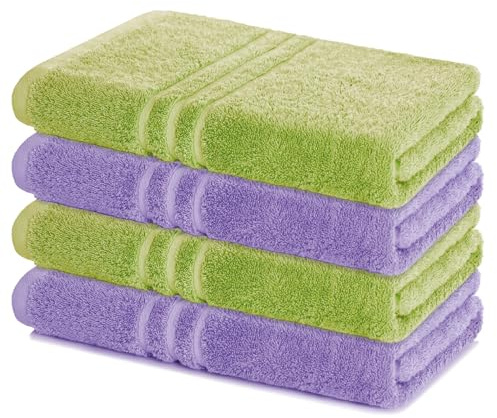 Lavea® 4er Set Duschtuch 70x140 cm, Lindgrün & Lavendel | 100% Baumwolle – Badetücher Set in weicher Frottee-Qualität, saugstarkes Duschhandtuch für Badezimmer, Frottierserie Elena