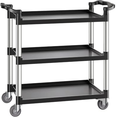 VEVOR Mehrzweckwagen, 226 kg Tragkraft, 3-stufiger Universalwagen aus Kunststoff mit 360° Schwenkrädern (2 mit Bremse), 106x49x98 cm großer Servierwagen für Lager, Büro, Zuhause, Restaurant, Küche