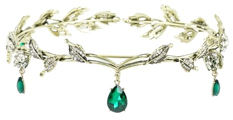 Diyxisk Tocado éLfico Retro, Bien Moda Elfo Corona, Princesa Cristal Women Tiara, Elegancia Corona de Cristal de Hoja, Adecuado para Cosplay, Bodas, Fiestas de Anime y Eventos de Carnaval (Verde)