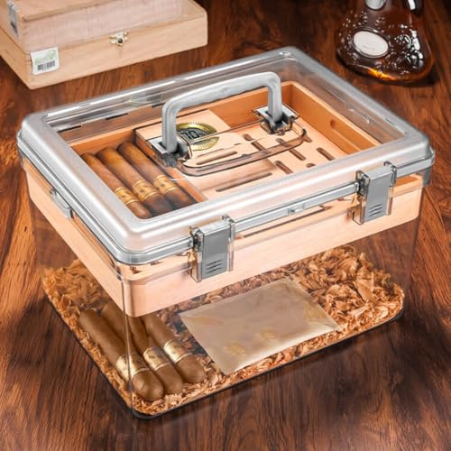 PP-Vic Akryl Cigar Humidor, modern klar humidor med handtag, med spansk cederträ cigarrbricka, har cirka 100 cigarrer, perfekt för män på fars dag