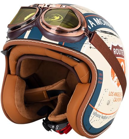EBAYIN Retro Casque Demi Jet, Casque Jet Vintage, Casque Moto Scooter, Casque Bol Homologué ECE Casque De Protection for Hommes Et Femmes, Casque De Cyclomoteur avec Lunettes(C,L=(59~60cm))