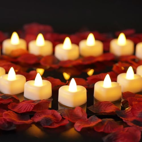 Homemory Flameless Battery Tealight Romantic Heart LED Love Bright Flicker | Fake Candle, Valentine's Day, Anniversary Wedding Table Decor, Warm White 12pack (Including Artificial Rose Petals）