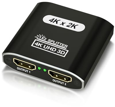 HDM I Splitter 1 en 2 Salidas, Divisor HDM 4K@30Hz para Monitores Dobles, Divisor HDM I de Aluminio Alimentado para Pantalla Espejo, Duplicador 1x2 Soporta 3D HD 1080P para Fire Stick Xbox PS Roku Rec