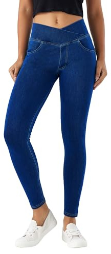LaiEr V Cruzada de Cintura Mujer Skinny Jeans Alta Barriga Casual Fitness Leggings, Soft Stretch Casual Faux Denim Print Laterales Adecuado para Deportes y Ocio,con Bolsillos.(Azul Oscuro,M)