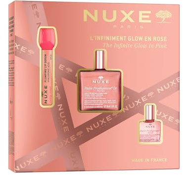 Nuxe The Infinite Rose Gold Glow Gift Set (£49.17 Value) – Floral Shimmering Dry Oil 50ml, Huile Prodigieuse Florale 10ml & Plumping Lip Serum 8ml – Radiant skincare Trio for Face & Body