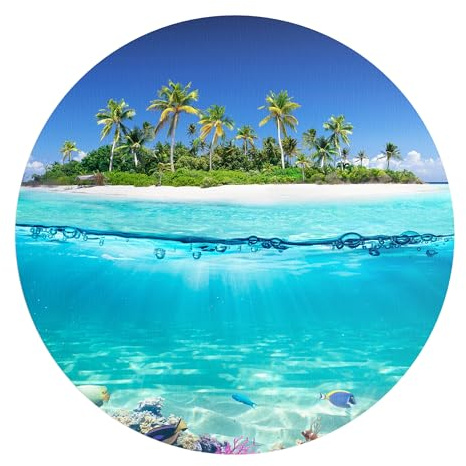 DEQORI Carta da parati rotonda autoadesiva Ø 80 cm | motivo isola nel mare tropicale | tela tessile – staccabile, decorativa e indeformabile – per soggiorno, ufficio, corridoio o cameretta dei bambini