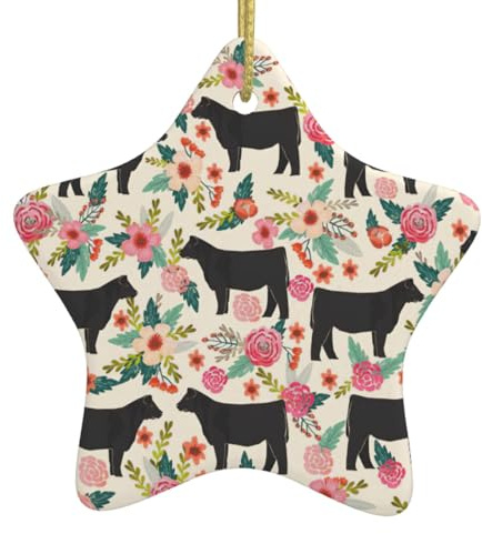 Adornos cristianos con estampado de vacas de buey rosas para Navidad, forma de estrella de cerámica con cuerda, adorno colgante de estrella de Navidad