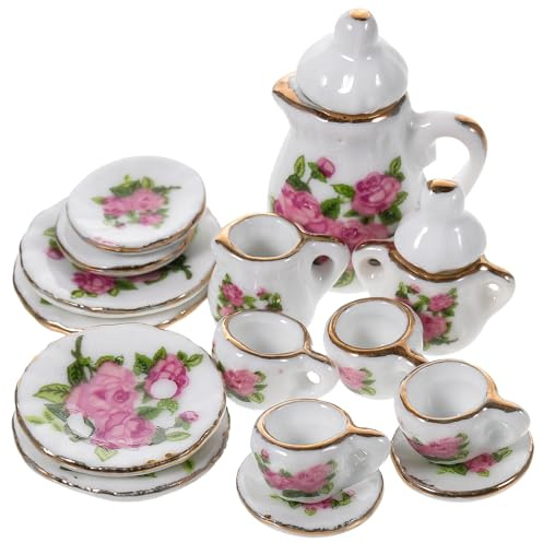 HEALSOPTHY Juego de Té de Cerámica Miniatura 15 Piezas para Casas de Muñecas Accesorios Decorativos Tazas y Tetera en Miniatura Diseño Floral para Decoración Realista y Detallada