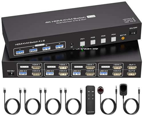 ATLAHET HDMI KVM Switch 4 Computers 2 Monitors 4K 60Hz 2K 120Hz 4 Port Dual Monitor KVM Switches for Four PC Share 2 Monitor and 4xUSB 3.0 Devices with Remote Cntrol, USB Cables -23.7CM Longth