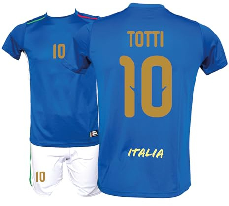 Generico Kit Maglia Italia Calcio Totti 10 e Pantaloncino, Blu con Stampe in Oro, Replica Maglietta Nazionale Italiana, Taglie da Bambino (IT, età, 14 Anni, Regular)