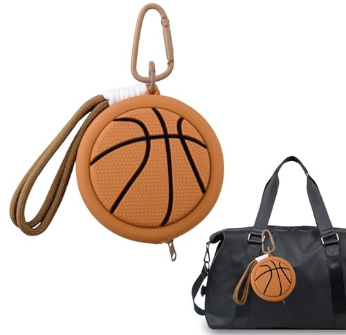 1 Portafoglio a Forma di Pallone da Basket in PVC, Portamonete con Moschettone e Cordino, per Bambini e Ragazzi, Ideale per Monete e Auricolari, Marrone
