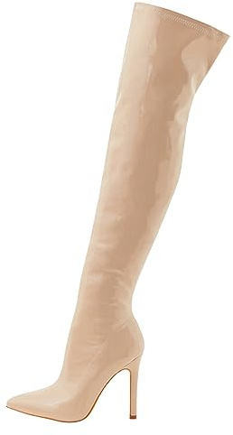 Générique Bottes Hautes en Cuir laqué Doux pour Femmes Fermeture à glissière intérieure Talon Pointu Design élastique extérieur Tendance Style Genou