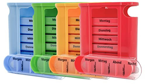 TIGA-MED Medikamentendosierer 4er Set (=4 Stück - jede Farbe 1x) | 7 Tagesfächer | jeder Tag 4fach unterteilt | Pillenbox für die ganze Woche | Tablettenbox Pillendose