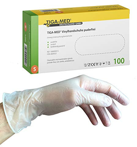 Tiga-Med Vinylhandschuhe puderfrei 100 Stück Größe: Small Einmal Handschuhe Vinyl Handschuhe ohne Latex