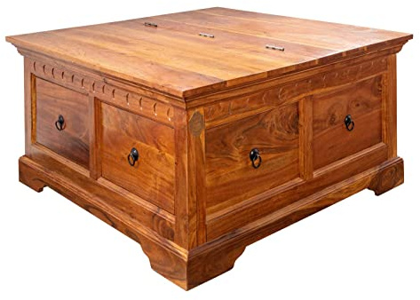 Massivmoebel24.de | Oxford Truhe aus Massivholz #0416 | Akazienholz - Honig, lackiert | Kolonialstil | 90x90x45 cm | Truhe aus Massivholz Vollholztruhe