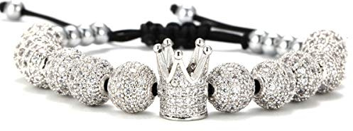 GVUSMIL Silver Luxury CZ Imperial Crown Braided Copper Bracelets with 8mm Micro Pave Cubic Zirconia Beads Pulseira Bangle for Men