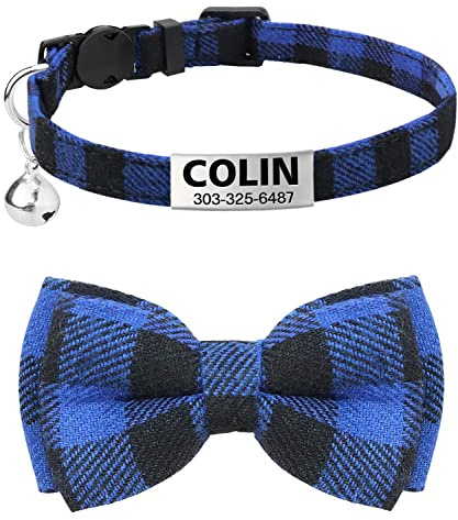 TagME Katzen halsbänder mit Namen und Telefonnummer Auf, Kätzchenhalsband mit Sicherheits Verschluss und Glöckchen,Blau 1er Pack