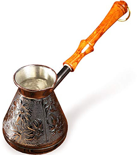 Cafetera de cobre de 14 onzas con grabado turco griego árabe para estufa, cafetera Cezve Ibrik Briki con mango de madera