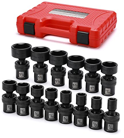 MIXPOWER 1/2 Drive Shallow Impact Universal Joint Swivel Socket Set, SAE, 7/16 to 1-1/4, Shallow, Flexible Wobble, Chrome Molybdenum Steel, 14 Pieces Set