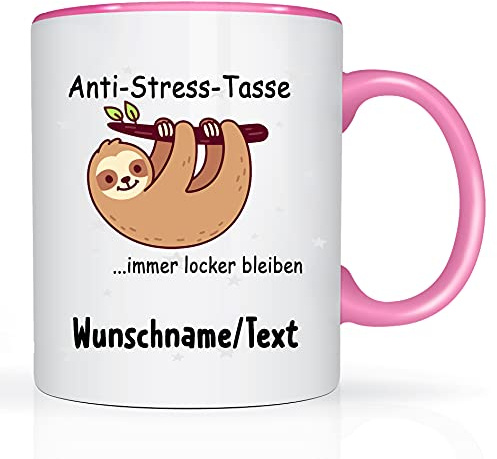 Print-Klex Tasse mit Namen und Anti Stress Motiv Bedruckt Namentasse Namensbecher mit Anti Stress Motiv Geschenktasse Weiß/Rosa Kaffeebecher Spruchtasse Keramik mit Druck 330ml Tasse mit Text