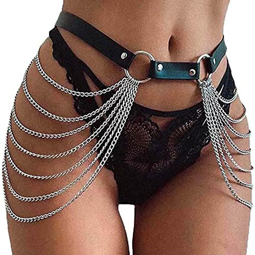 Zookey Punk Taillenketten Gothic Schwarz Leder Körperketten Geschichtete Bauchketten Rave Körperkette Schmuck für Frauen und Mädchen
