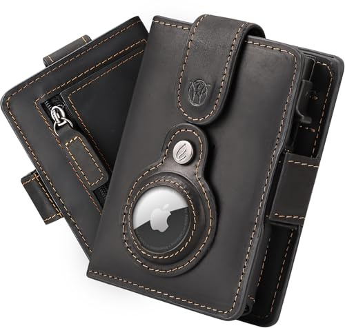 Will Fire® Smart Wallet Herren mit Airtag-Fach & Photokapsel | Inkl. Anhänger | Echtleder Airtag Wallet mit Münzfach & Scheinfach | RFID Schutz | Bis zu 12 Karten | [Schwarz]