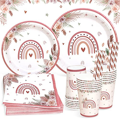 Heboland Regenbogen Deko Kindergeburtstag Partygeschirr Set 125pcs Pappteller Becher Servietten Strohhalme für Boho Babyparty, Taufe Regenbogen Deko, Einschulung Deko Mädchen, 25 Gäste