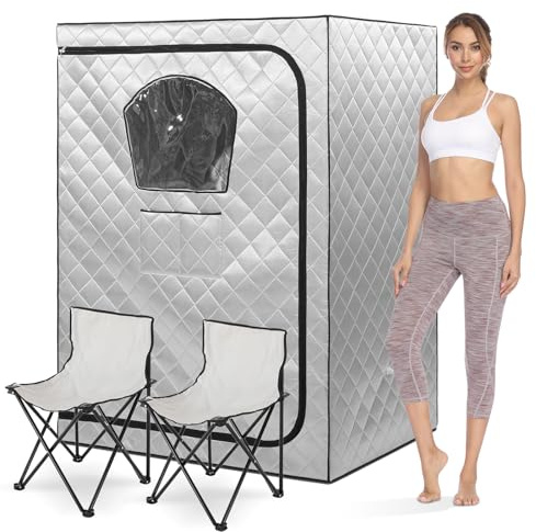 Gollense Portable Sauna for Home 2 Person Steam Tent with 2 Folding Chairs, Full Size Large Foldable Indoor Steam Box for Relaxation, Steamer NOT Included, Sliver