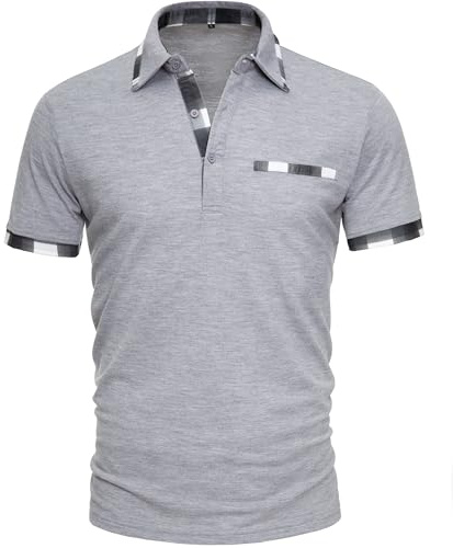 GLESTORE Poloshirt Herren Kurzarm Golf PoloHemd mit Falsche Brusttasche Sommer Polo T Shirt Hellgrau XL