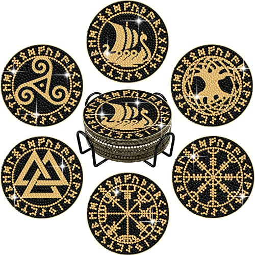 Tucocoo 6 Stück Nordic Diamond Painting Untersetzer Kits mit Halter, Vikings Rune DIY Diamond Art Untersetzer für Getränke, 5D Diamant Malerei Kits für Anfänger Erwachsene Kinder Basteltisch, 4 INCH