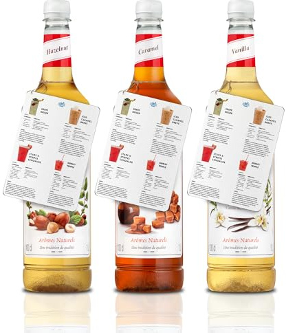 Blue Nile Recipe Card – Coffee Syrup Bundle with Vanilla, Hazelnut & Caramel, 1L Bottles for Coffee, Lattes & Iced Drinks – Keto-Friendly, Low-Calorie