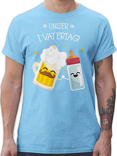 T-Shirt Herren - Geschenk zum - 1. Vatertag Bierkrug Flasche Bier Milch - M - Hellblau - Vatertagsgeschenk Papa Tshirt Himmelfahrt Shirt Vatertagsgeschenke Tshirts vatertagstshirt Geschenke Vater