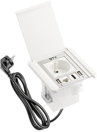 GTV - Prise de meuble FLIP, prise encastrée, 1 prise française, 2 ports USB A, 1 x RJ45, 1 x HDMI, longueur du câble 1,5 m, couleur blanche, pour bureau, plateau de table, cuisine et bureau