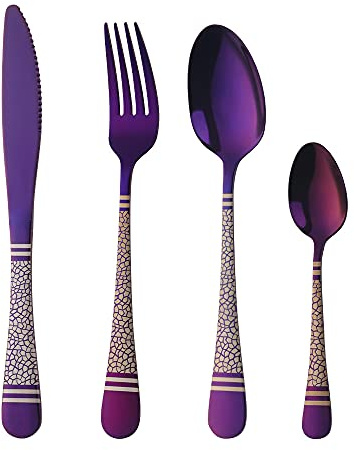 Buyer Star Cutlery Set, 16 Piece Stainless Steel Flatware Silverware Set, Classic Snake Lines Pattern Tableware Silverware Set with Spoon/Knife/Fork for Home Party Restaurant (Purple)