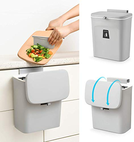 Komposteimer für Küche, 9 l Mülleimer, Arbeitsplatte oder unter der Spüle, hängender Kleiner Mülleimer mit Deckel für Badezimmer/Schlafzimmer,Komposteimer für den Innenbereich (Grau)
