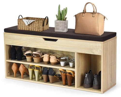 HOMASIS Scarpiera con Seduta Imbottita, Cassapanca Contenitore da Interno in Legno, Scaffale Portascarpe con 3 Scomparti e Cassetto per Ingresso, Corridoio, 104 x 30 x 48 cm (Naturale e Nero)