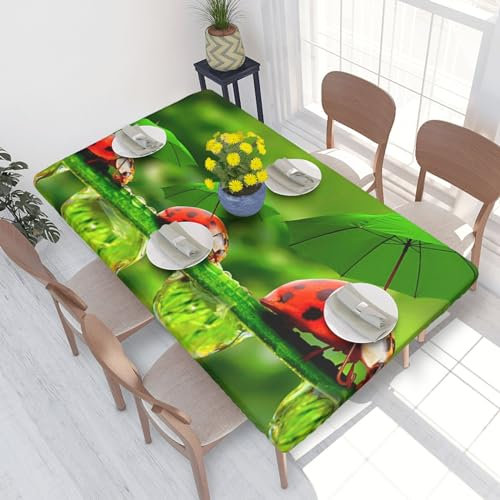 ROOZEE Lustige Marienkäfer mit Regenschirmen, bedruckte rechteckige Tischdecke mit elastischem Rand, 1,2 m Polyester, wasserdicht, Tischabdeckung, Schutz für Esszimmer, Küche, Picknick